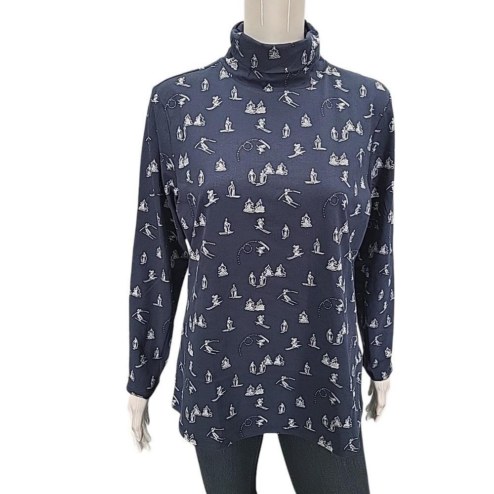 Christopher & Banks Navy Skier Print Turtleneck Top Petite Large NWT